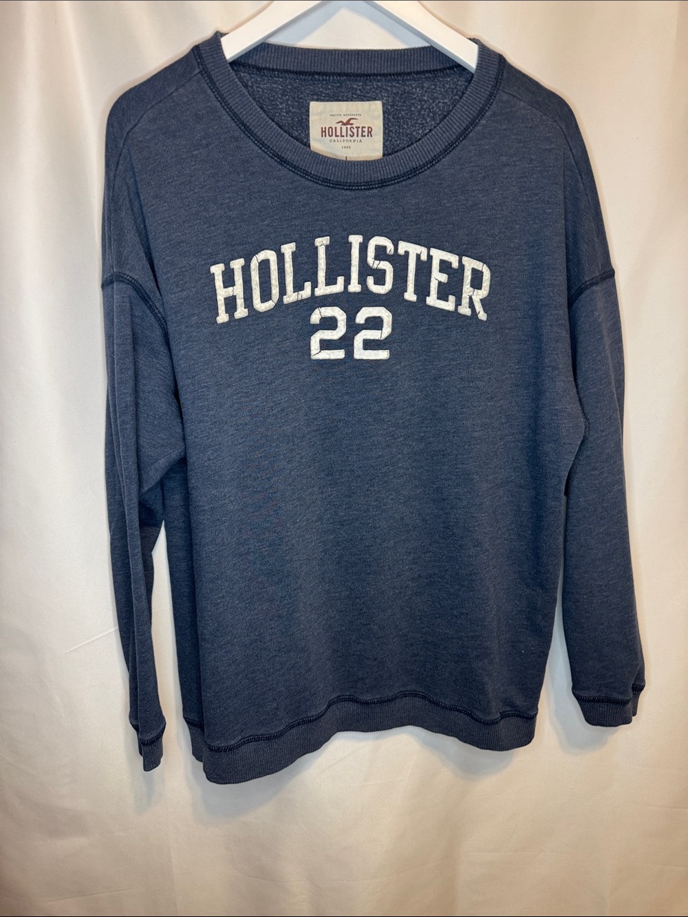 Hollister Blue Crewneck Sweatshirt with 'Hollister 22' Chest Print large